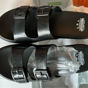 Black sparkle slide on sandals, never worn